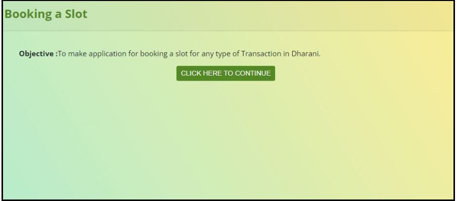 dharani portal application click to continue application for booking a slot for any type of transaction in dharani
